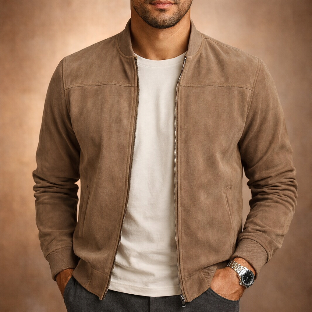 Men's Suede Bomber Jacket Stand Collar Zip - Beige