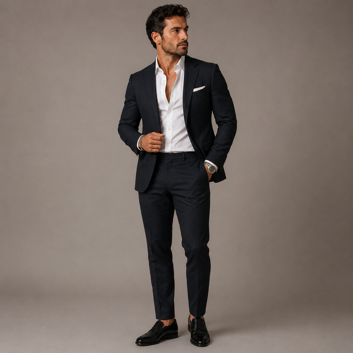 Men's slim fit textured two-piece suit set with notched lapel and matching trousers
