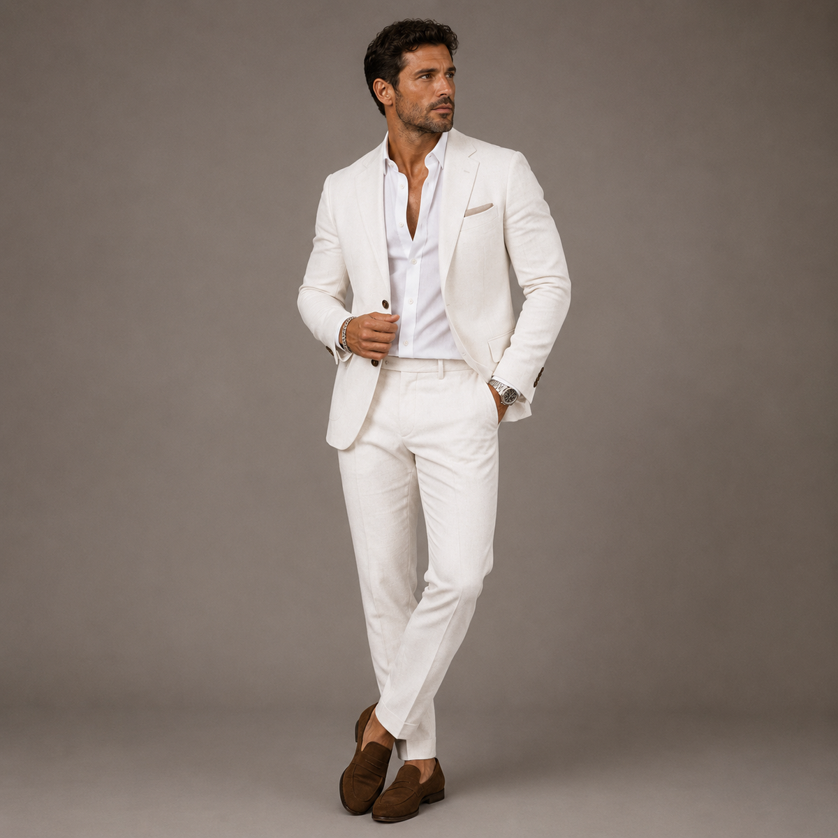 Men's slim fit textured two-piece suit set with notched lapel and matching trousers