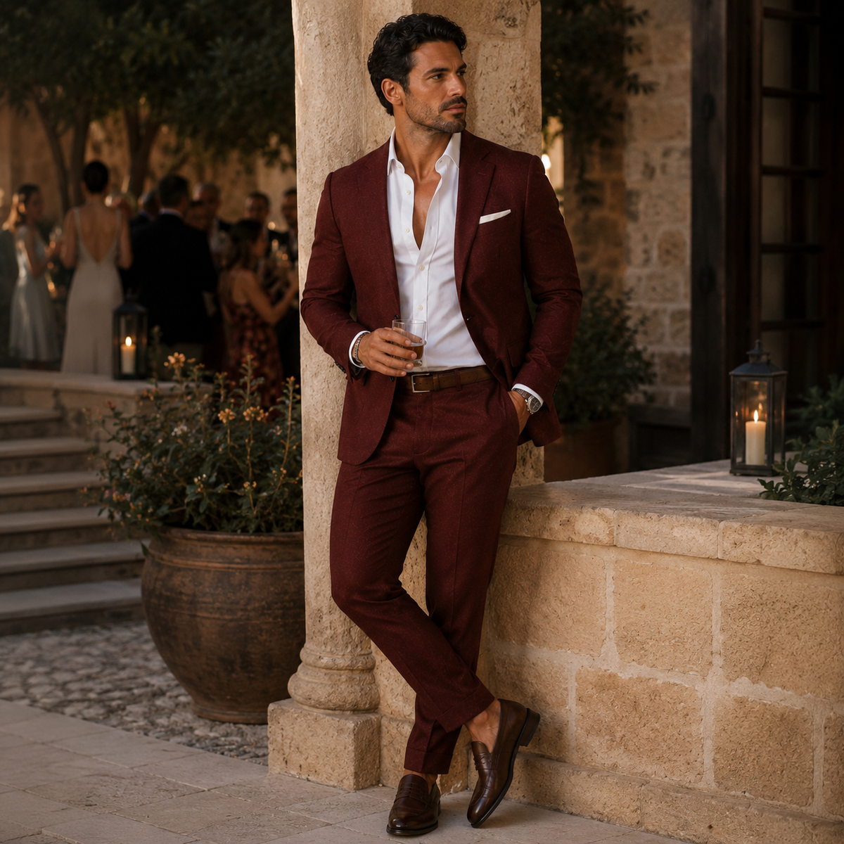 Men's slim fit textured two-piece suit set with notched lapel and matching trousers
