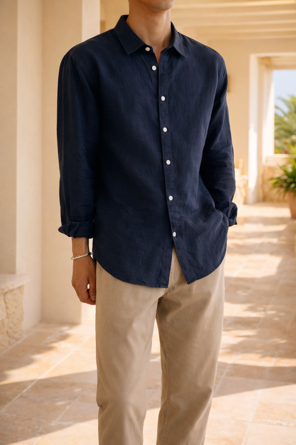 Men's Linen Shirt Relaxed Fit Long Sleeve - Navy