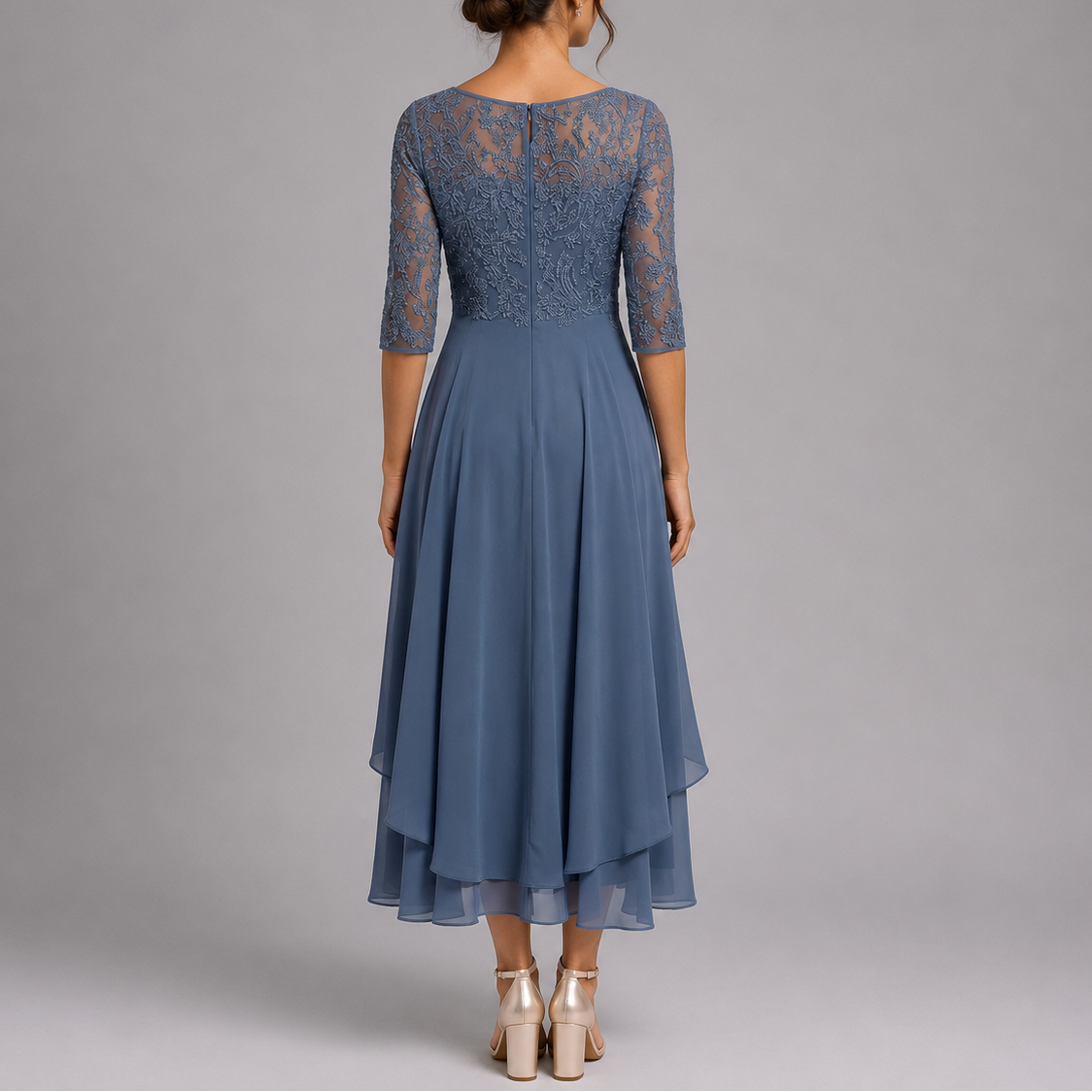 Women's Midi Dress Lace Bodice Three-Quarter Sleeve - Blue