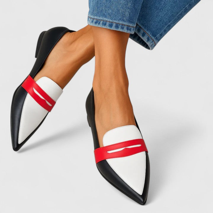 Women's black, white and red pointed toe loafers with low heel