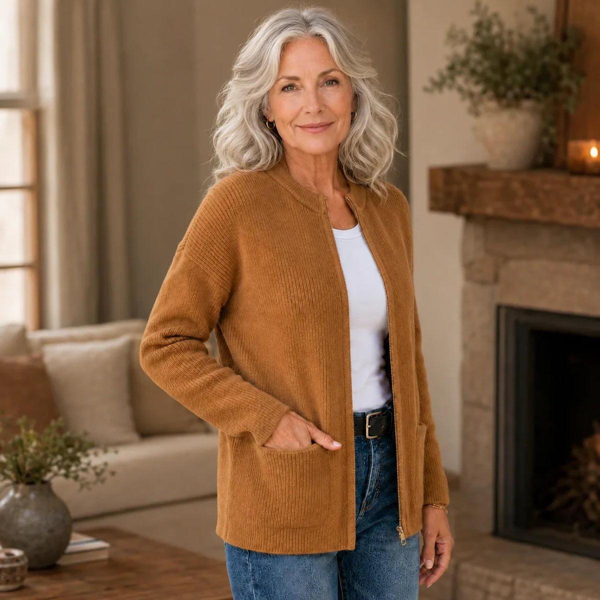 Women's ribbed knit cardigan with crew neck, zip front and patch pockets