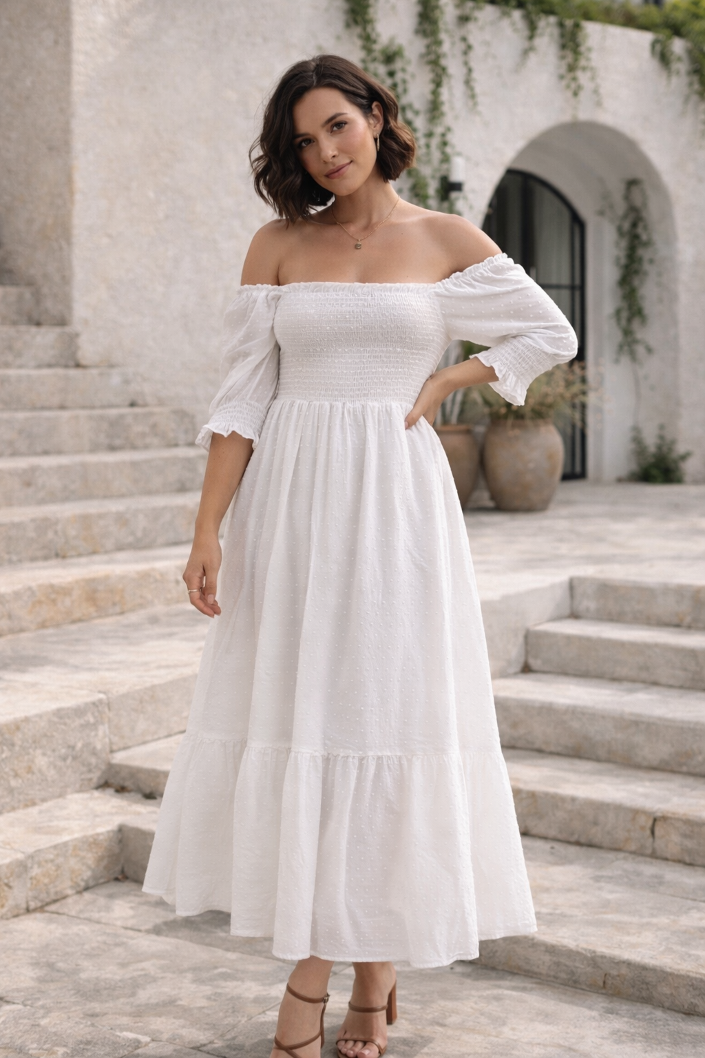 Women's Shirred Midi Dress Balloon Sleeve | White