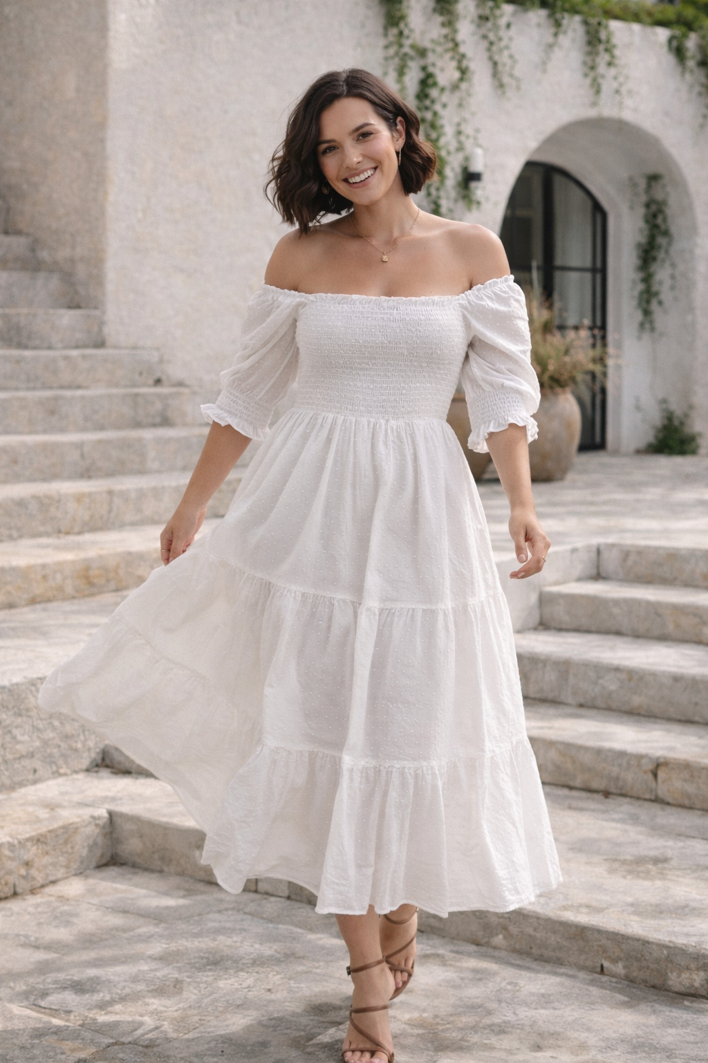 Women's Shirred Midi Dress Balloon Sleeve | White