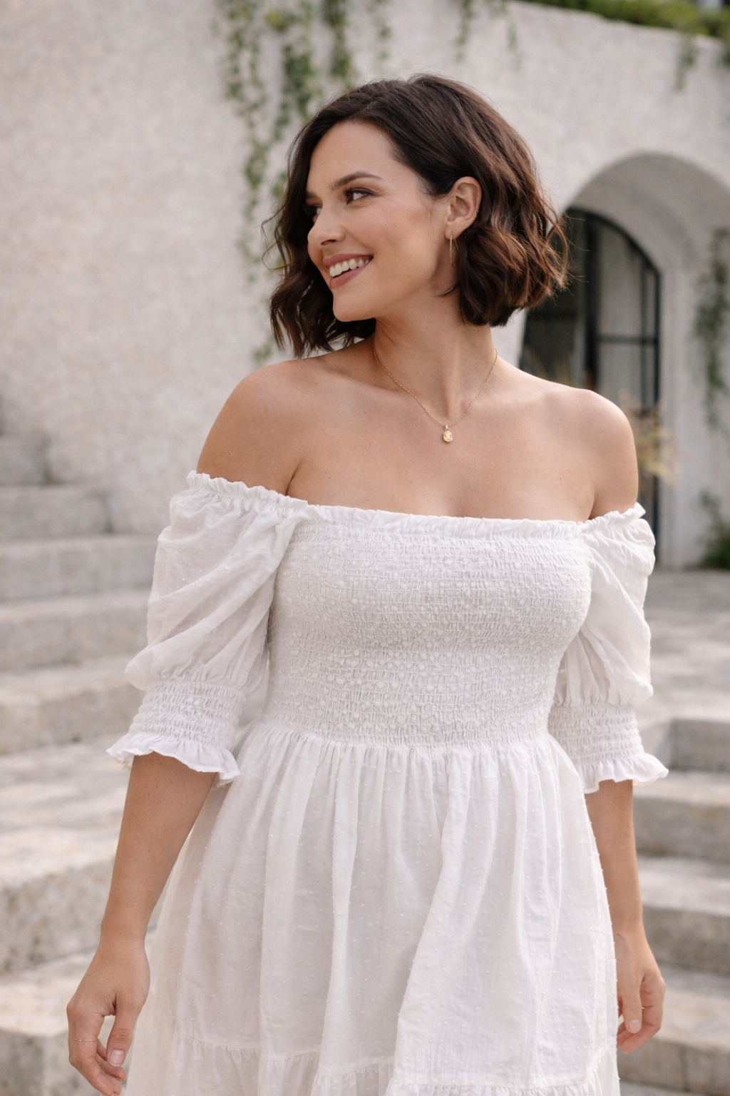 Women's Shirred Midi Dress Balloon Sleeve | White