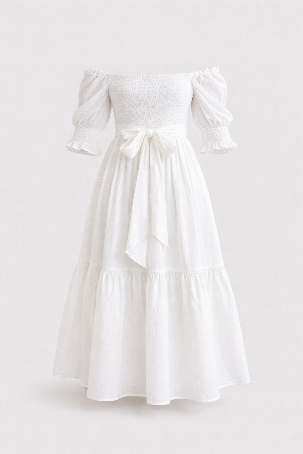 Women's Shirred Midi Dress Balloon Sleeve | White
