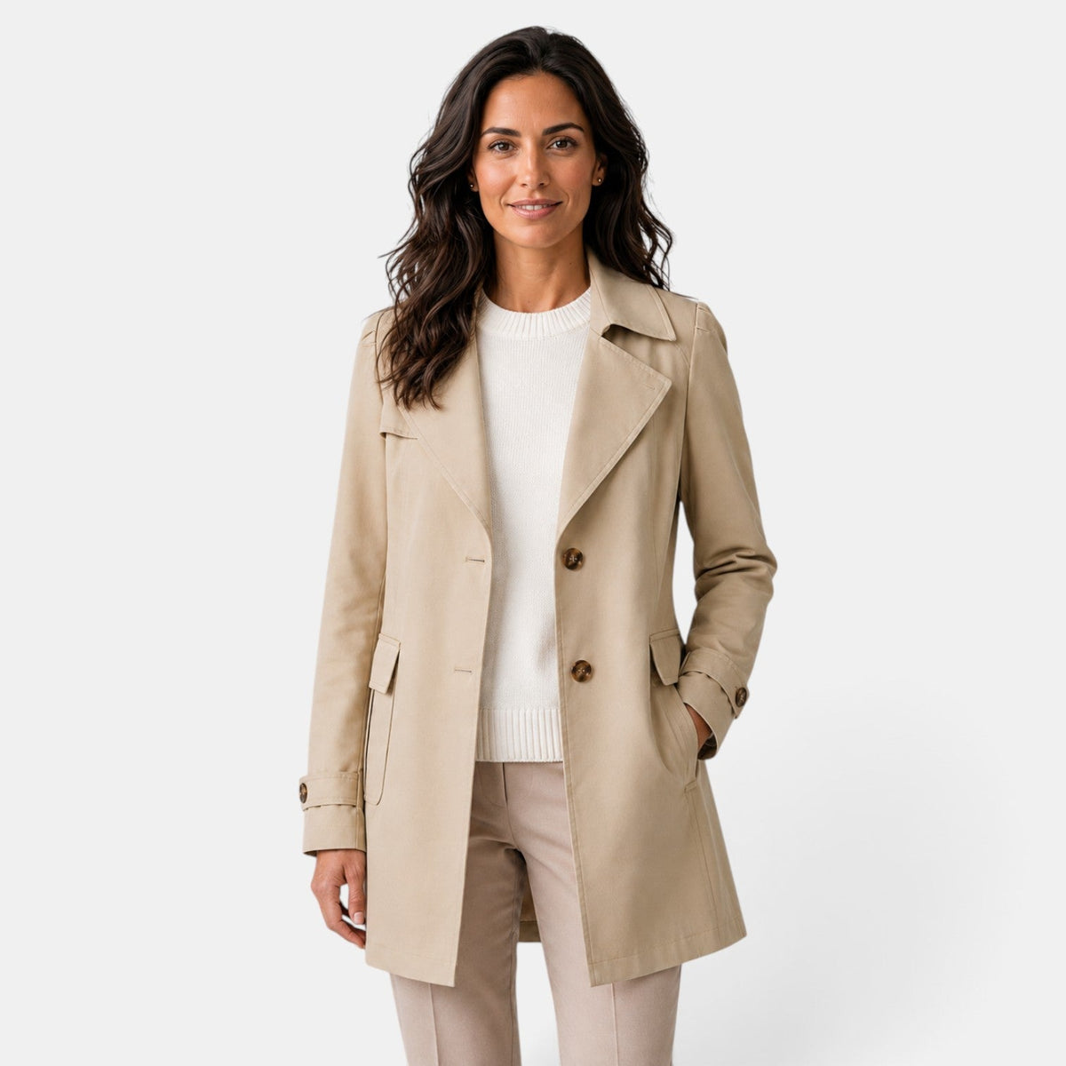 Women's long button-front trench coat with notched lapels and flap pockets