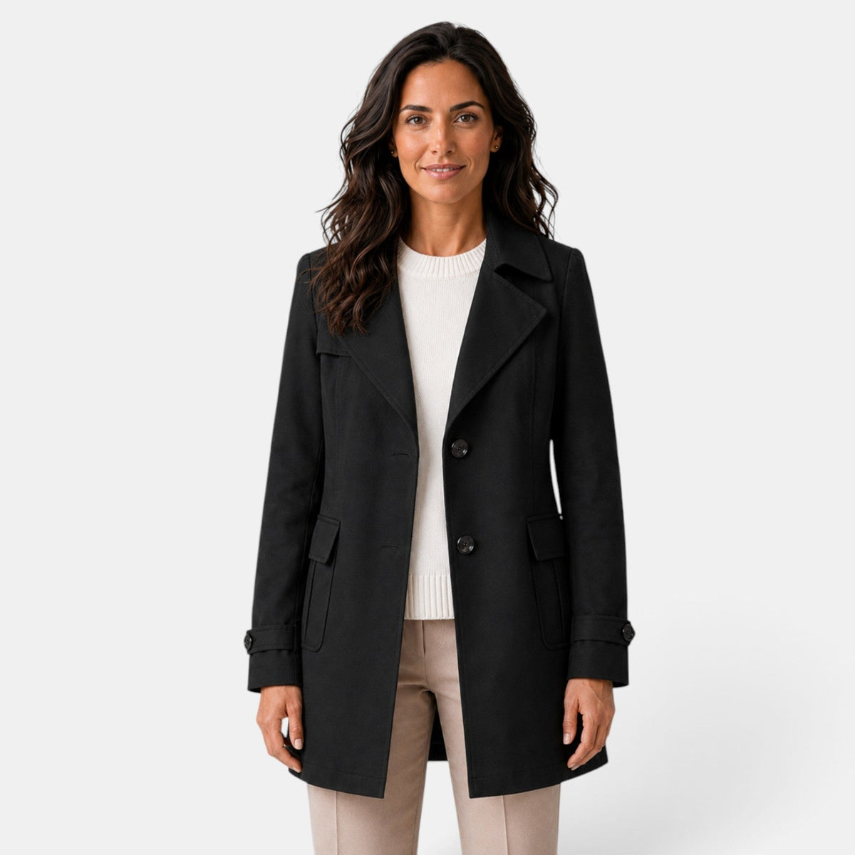 Women's long button-front trench coat with notched lapels and flap pockets