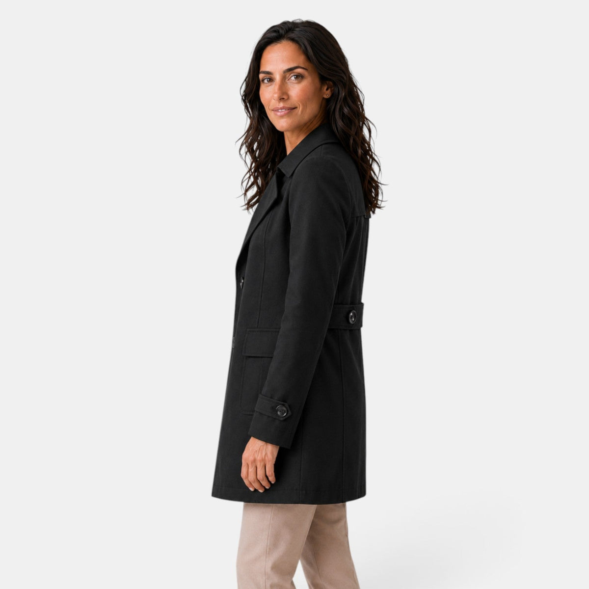 Women's long button-front trench coat with notched lapels and flap pockets