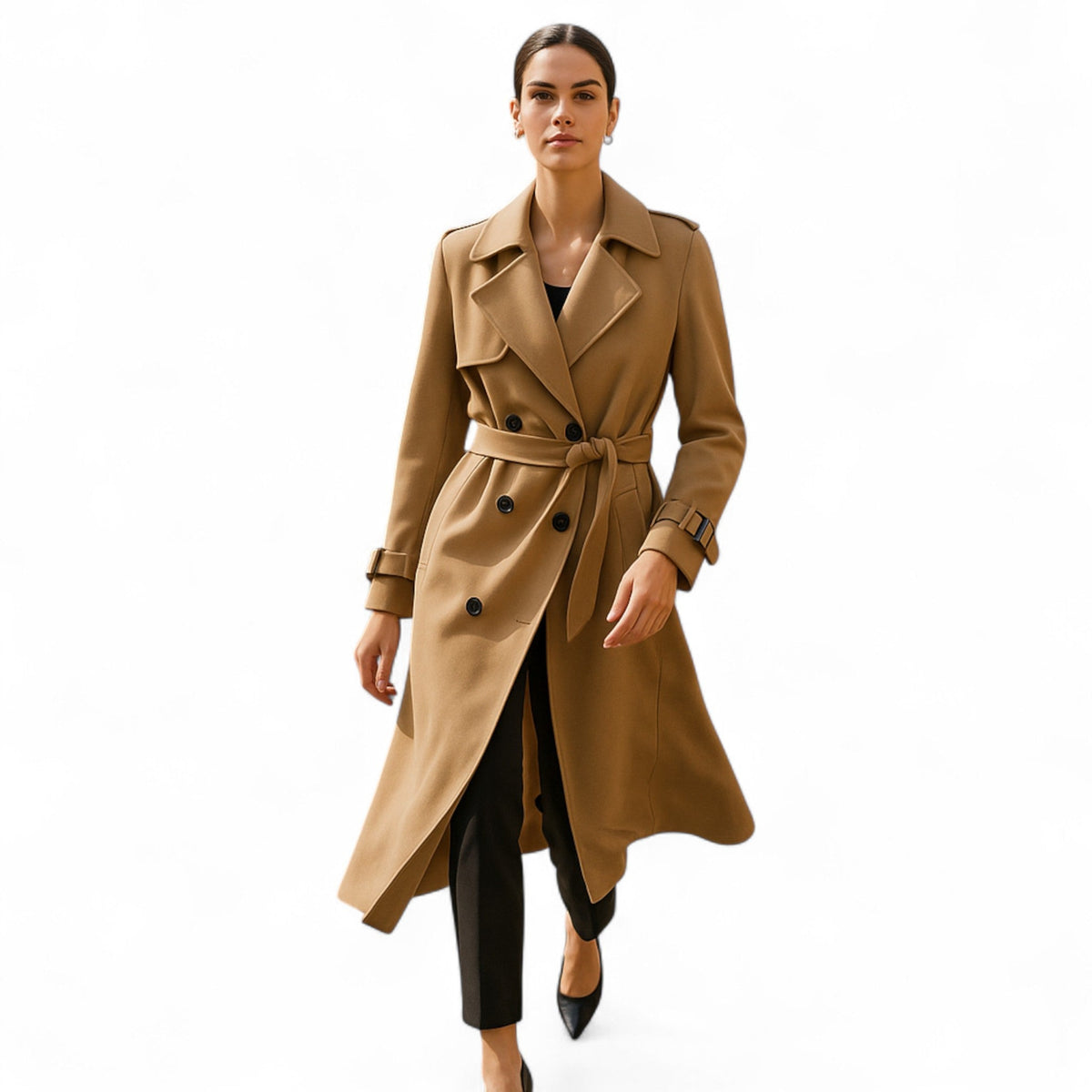 Women's long belted trench coat with wide lapels and adjustable cuff straps