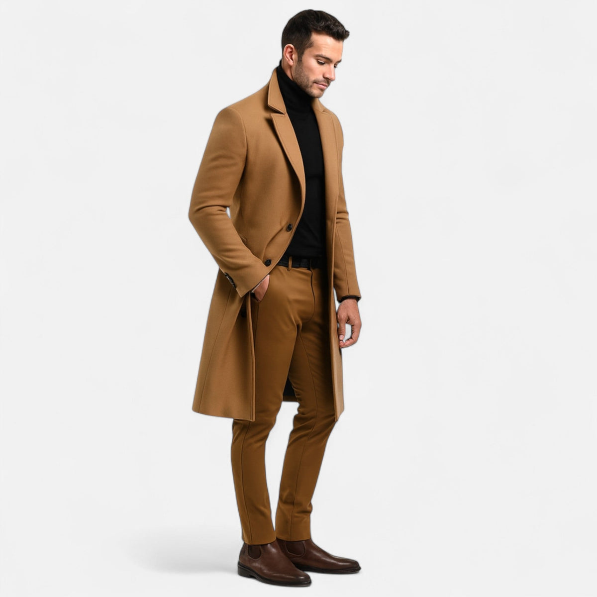 Men's long overcoat with lapels, button front and side pockets