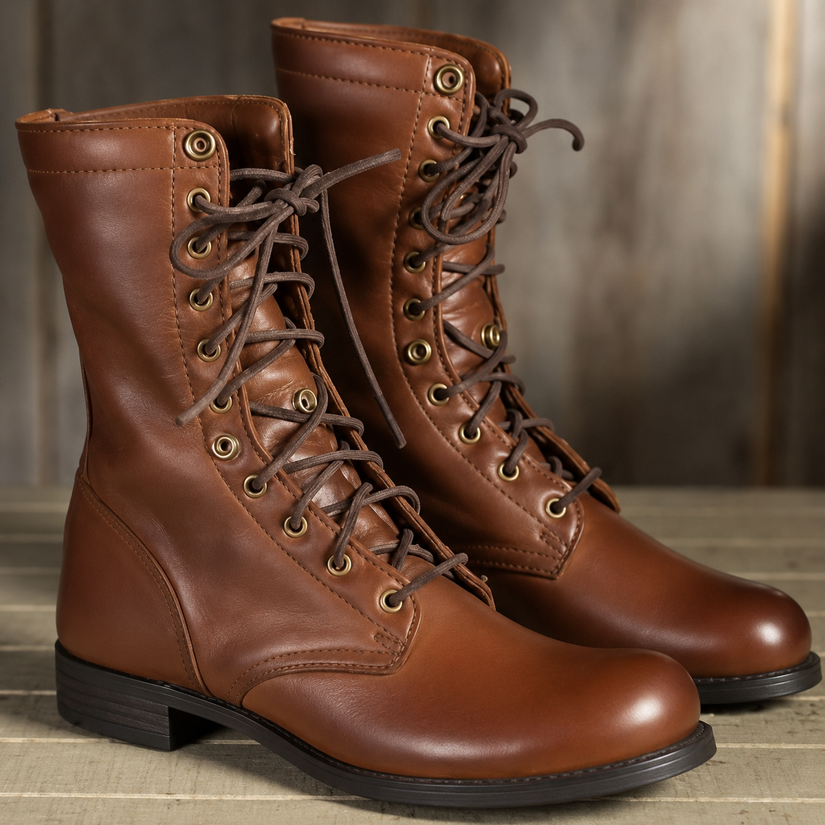 Men's brown lace-up boots with rounded toes and low heels