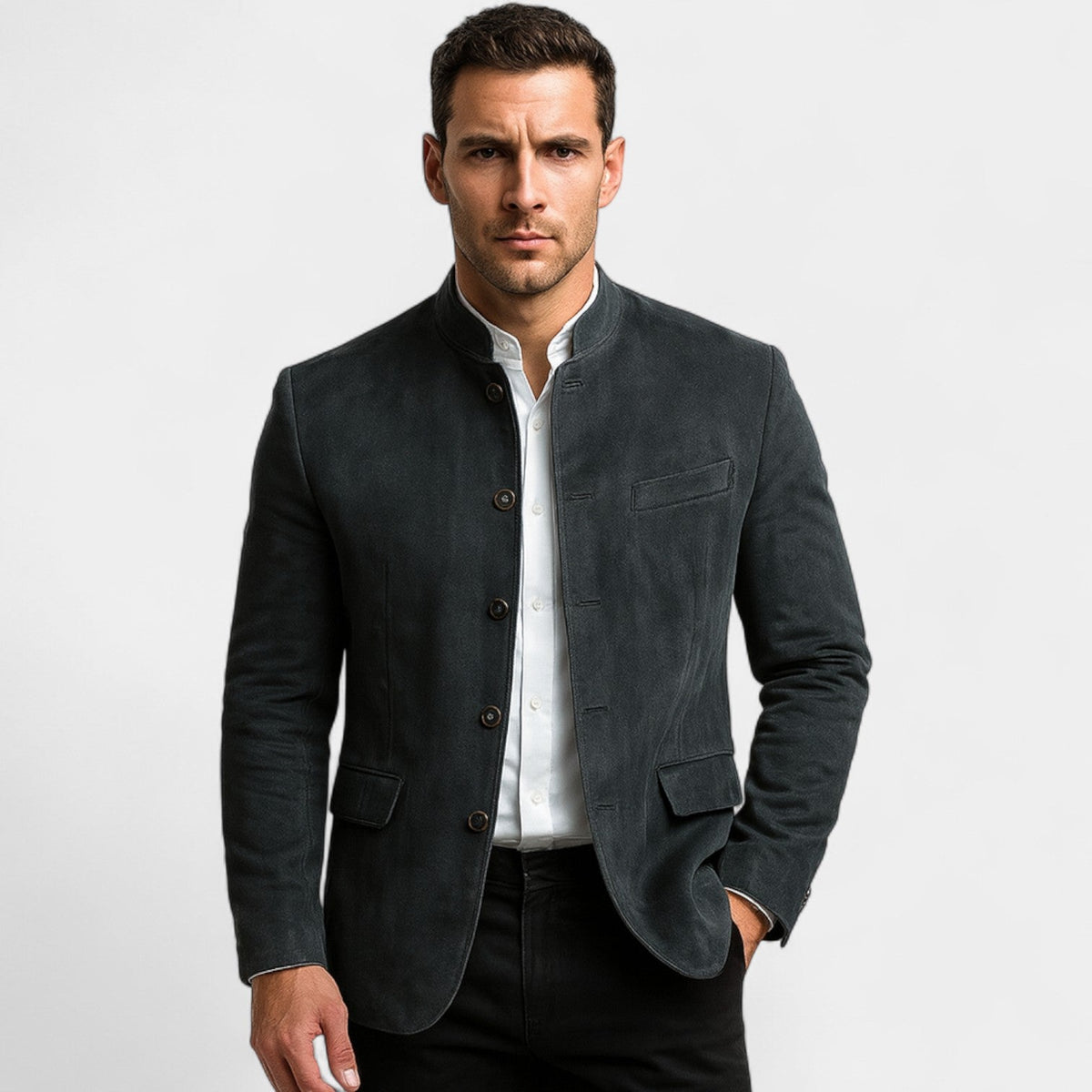 Men's textured blazer with mandarin collar, button front and flap pockets