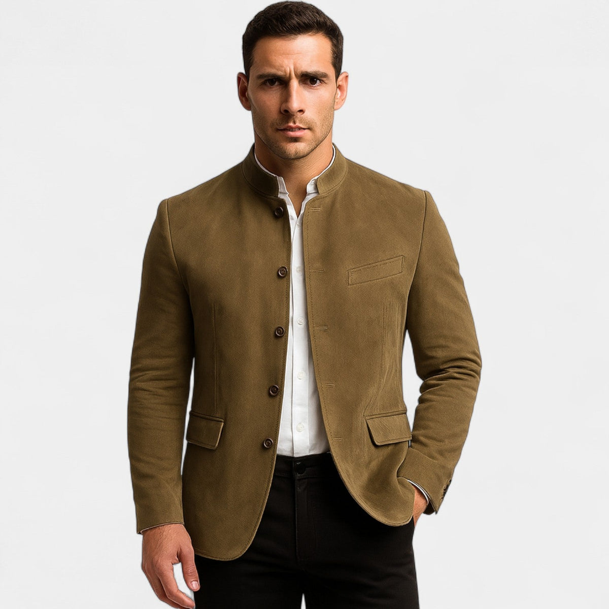 Men's textured blazer with mandarin collar, button front and flap pockets