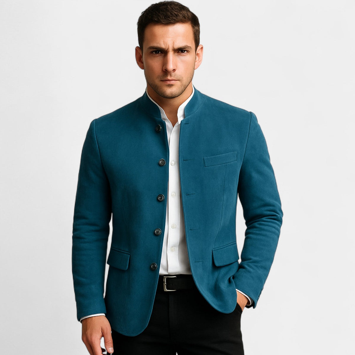Men's textured blazer with mandarin collar, button front and flap pockets