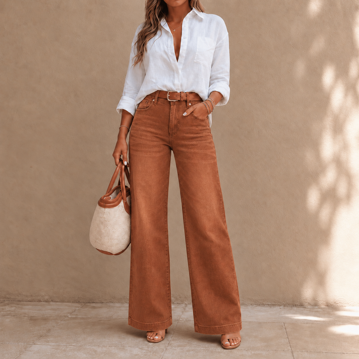 Women's high-rise wide-leg vintage wash jeans shown in brown and green colourways