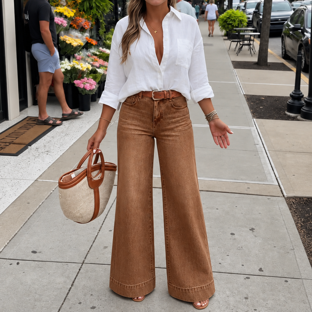 Women's high-rise wide-leg vintage wash jeans shown in brown and green colourways