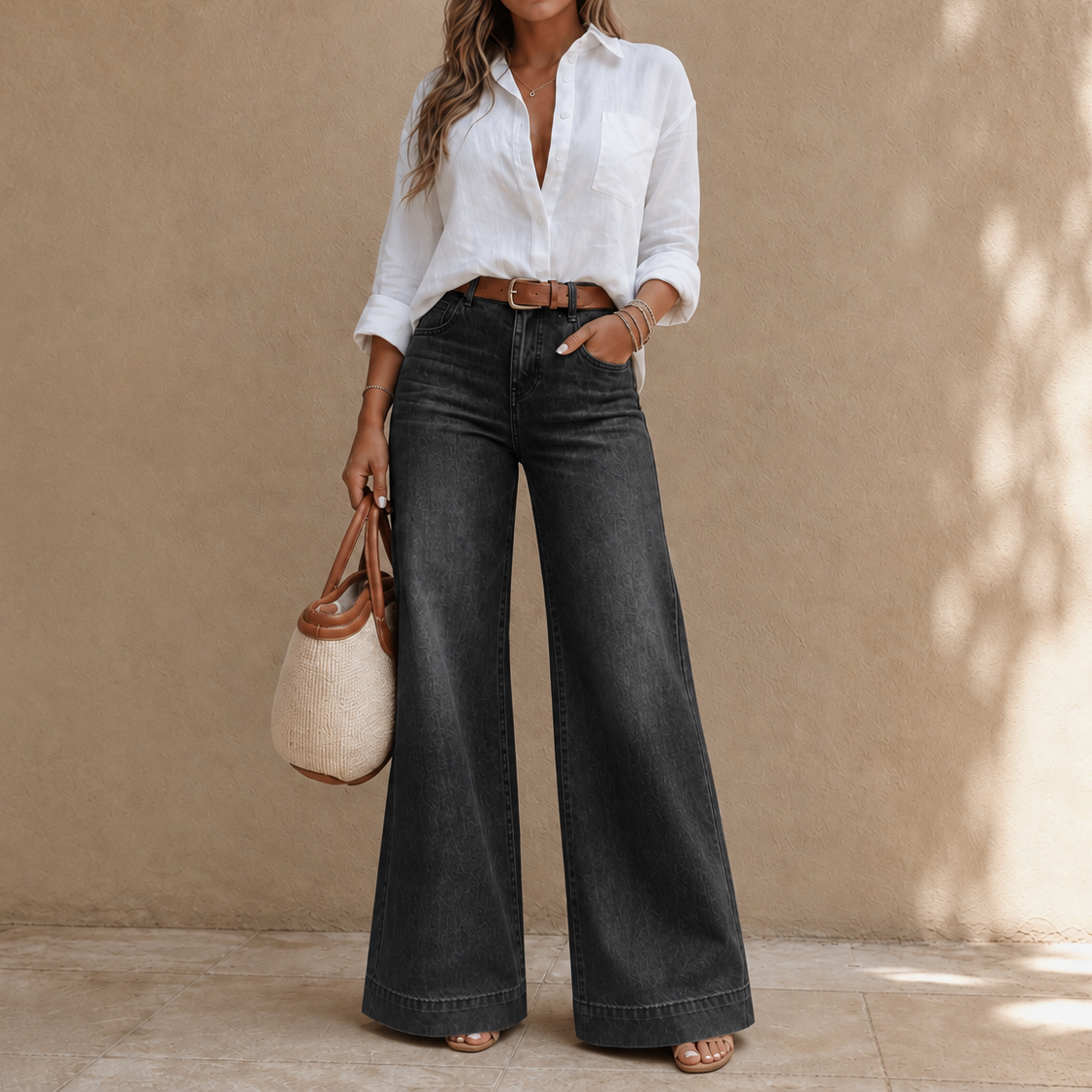 Women's high-rise wide-leg vintage wash jeans shown in brown and green colourways