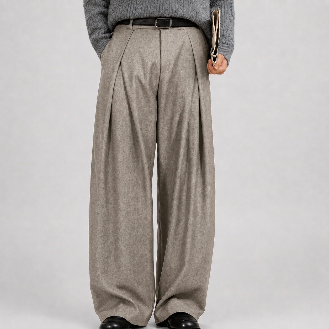 Men's Wide-Leg Trousers Pleated High-Waist Tailored Fit - Light Brown