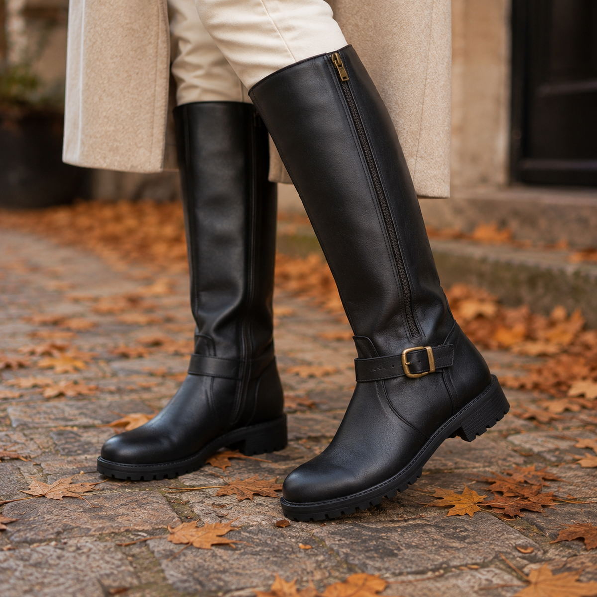 Women's tall boots with side zip, ankle buckle strap, low block heel and lugged sole