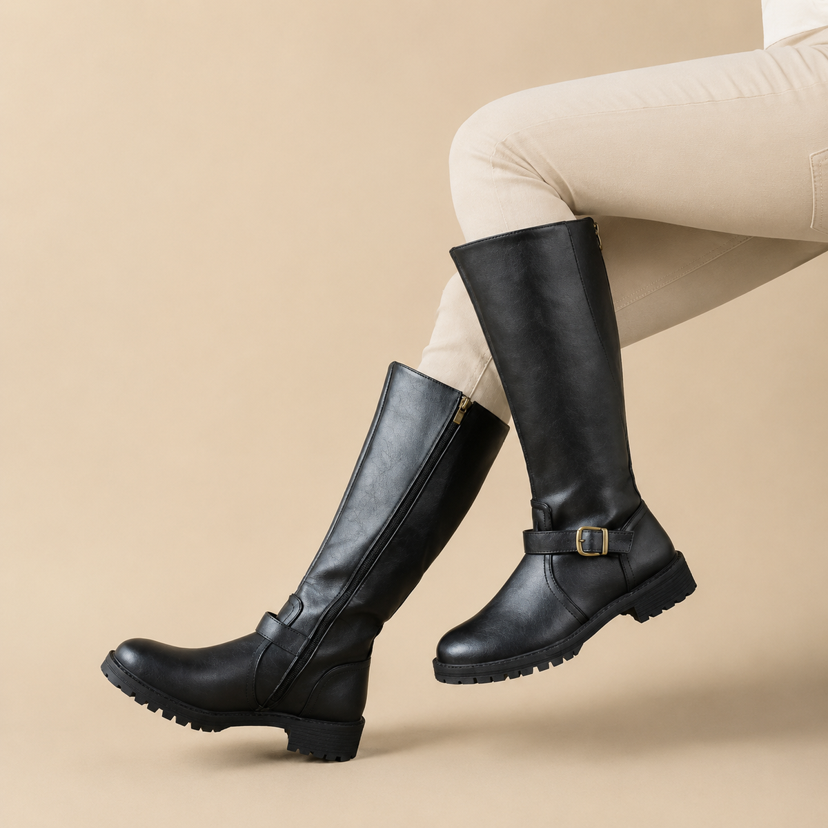 Women's tall boots with side zip, ankle buckle strap, low block heel and lugged sole