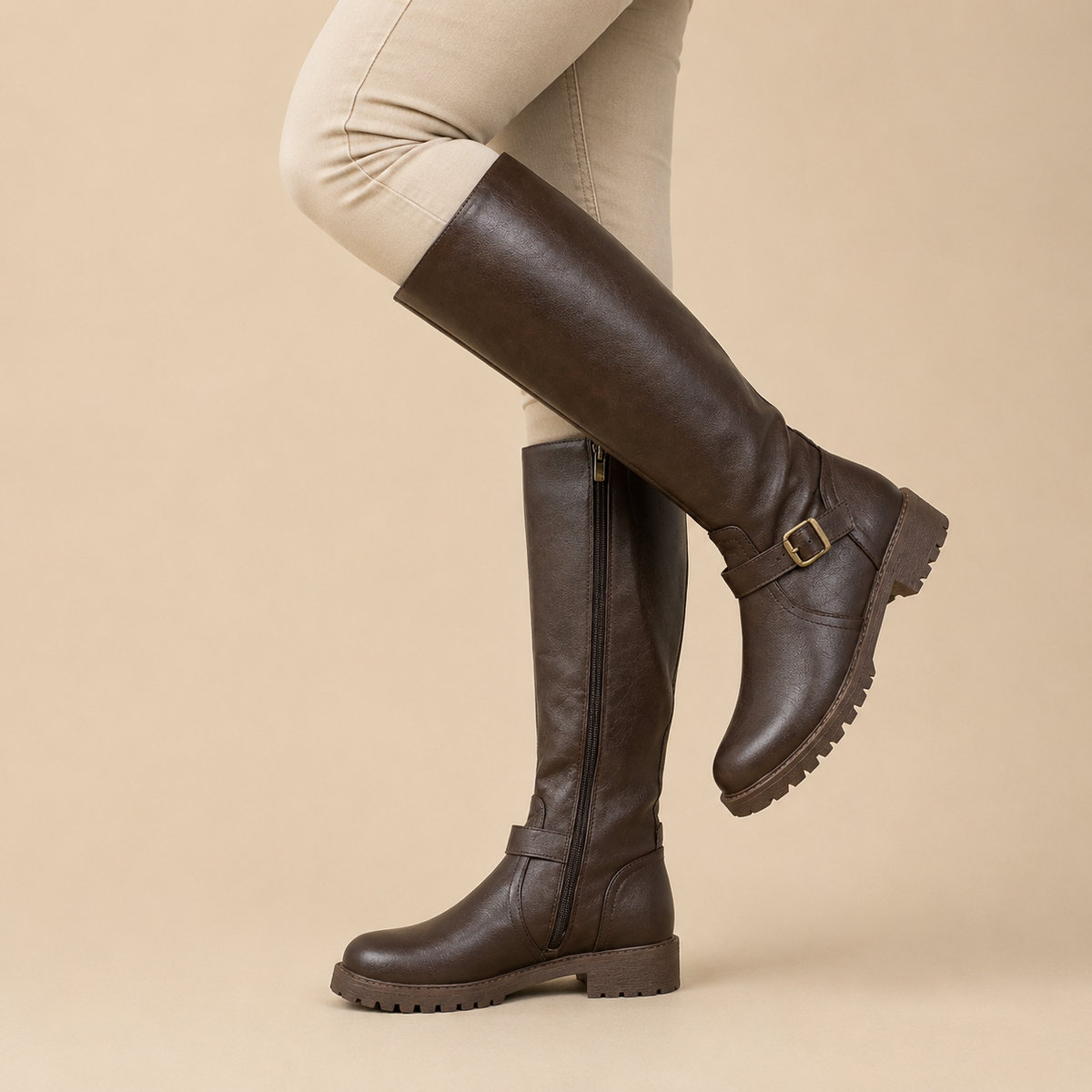 Women's tall boots with side zip, ankle buckle strap, low block heel and lugged sole