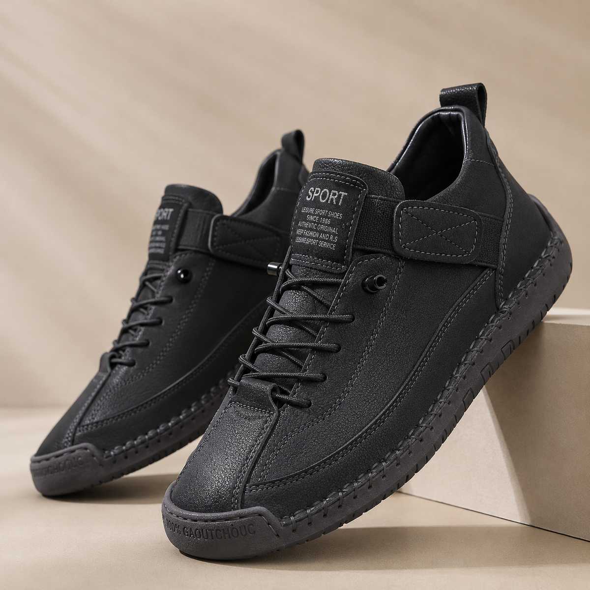 Unisex lace-up trainers with stitched sidewall soles and round toes