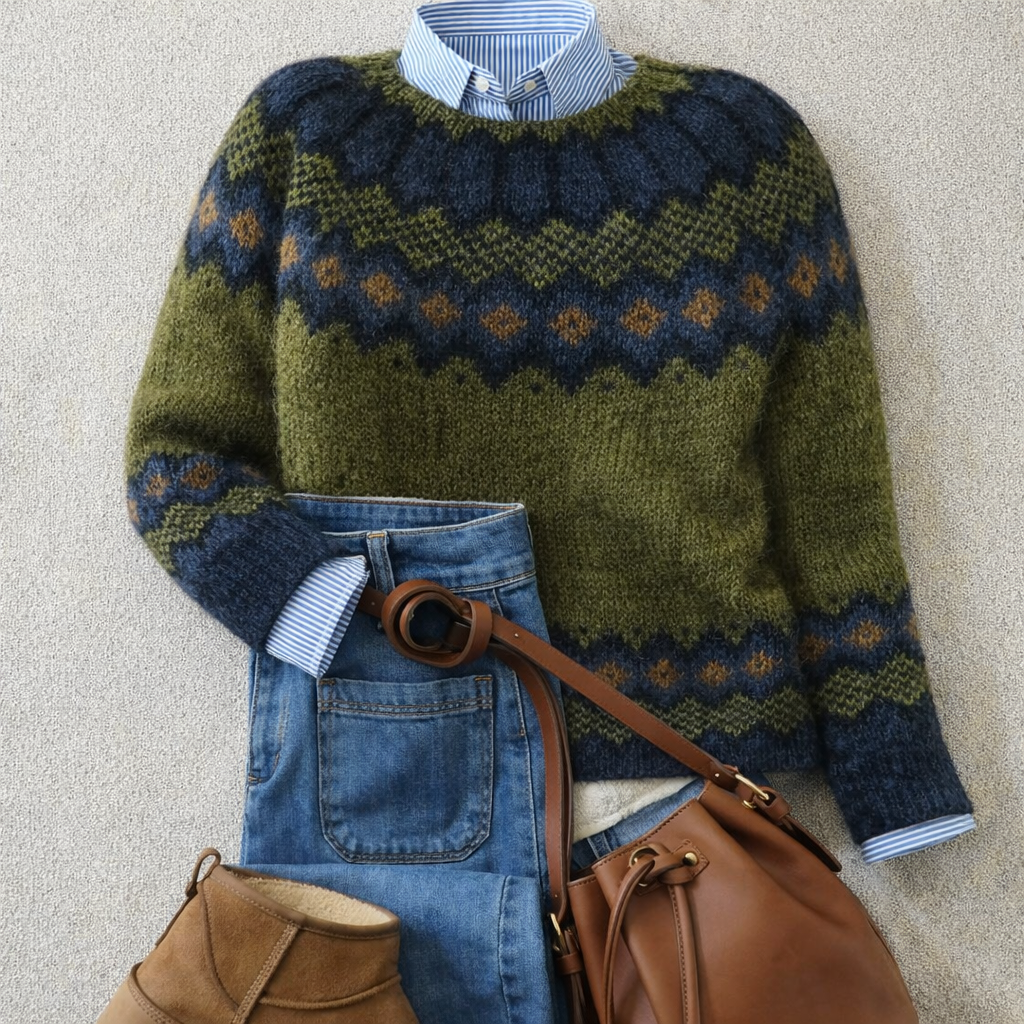 Green knitted jumper with a Nordic geometric pattern, crew neck and long sleeves
