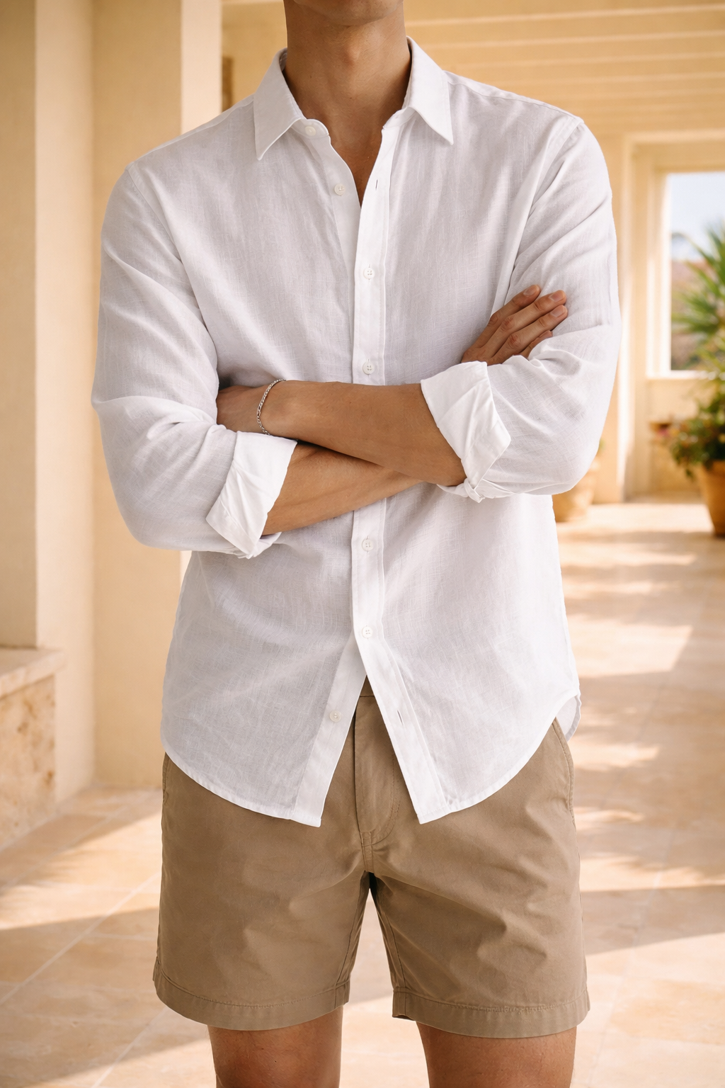 Men's Linen Shirt Relaxed Fit Long Sleeve - White