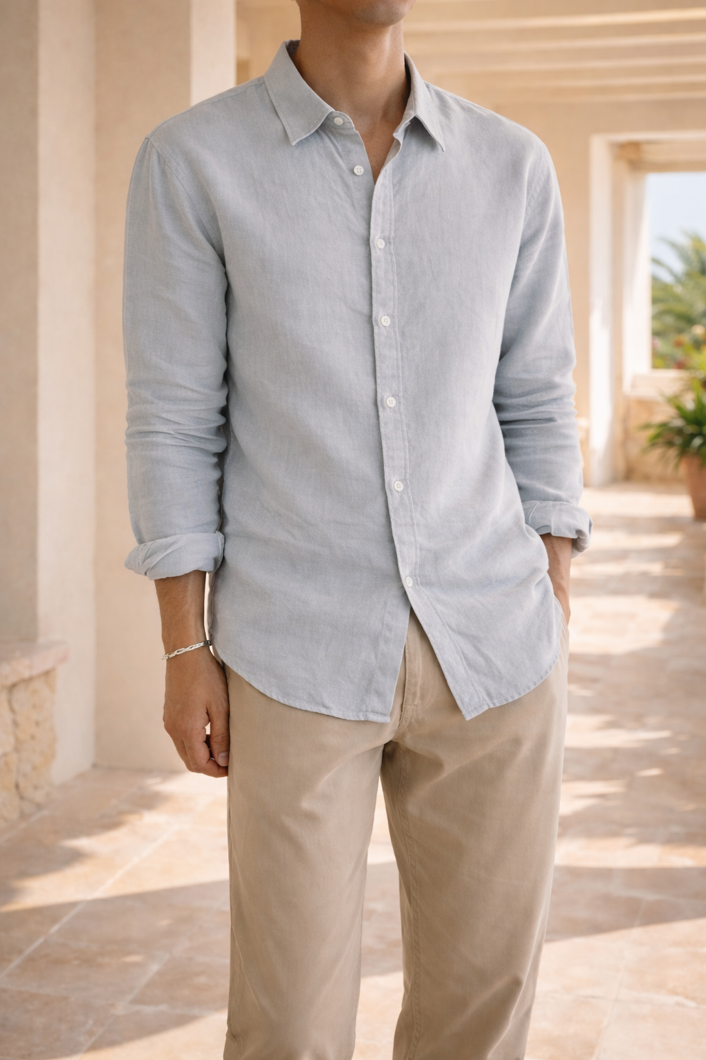 Men's Linen Shirt Relaxed Fit Long Sleeve - Light Blue