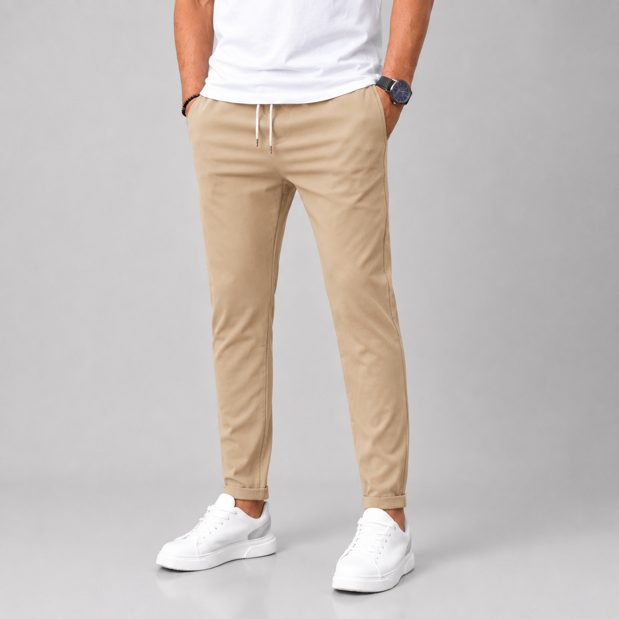 Men's Slim Trousers Tapered Leg Drawstring Waist - Beige
