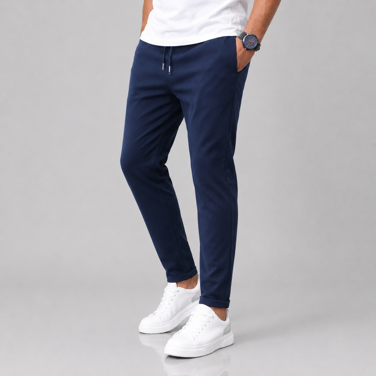 Men's Slim Trousers Tapered Leg Drawstring Waist - Navy