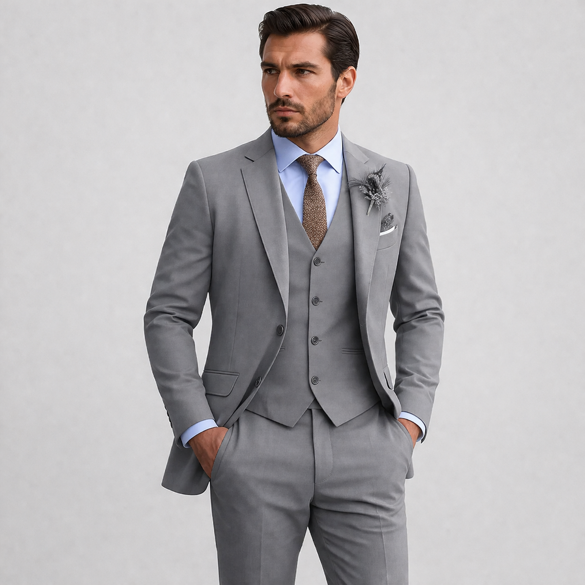 Men's three-piece suit with notch lapel jacket, waistcoat and matching trousers