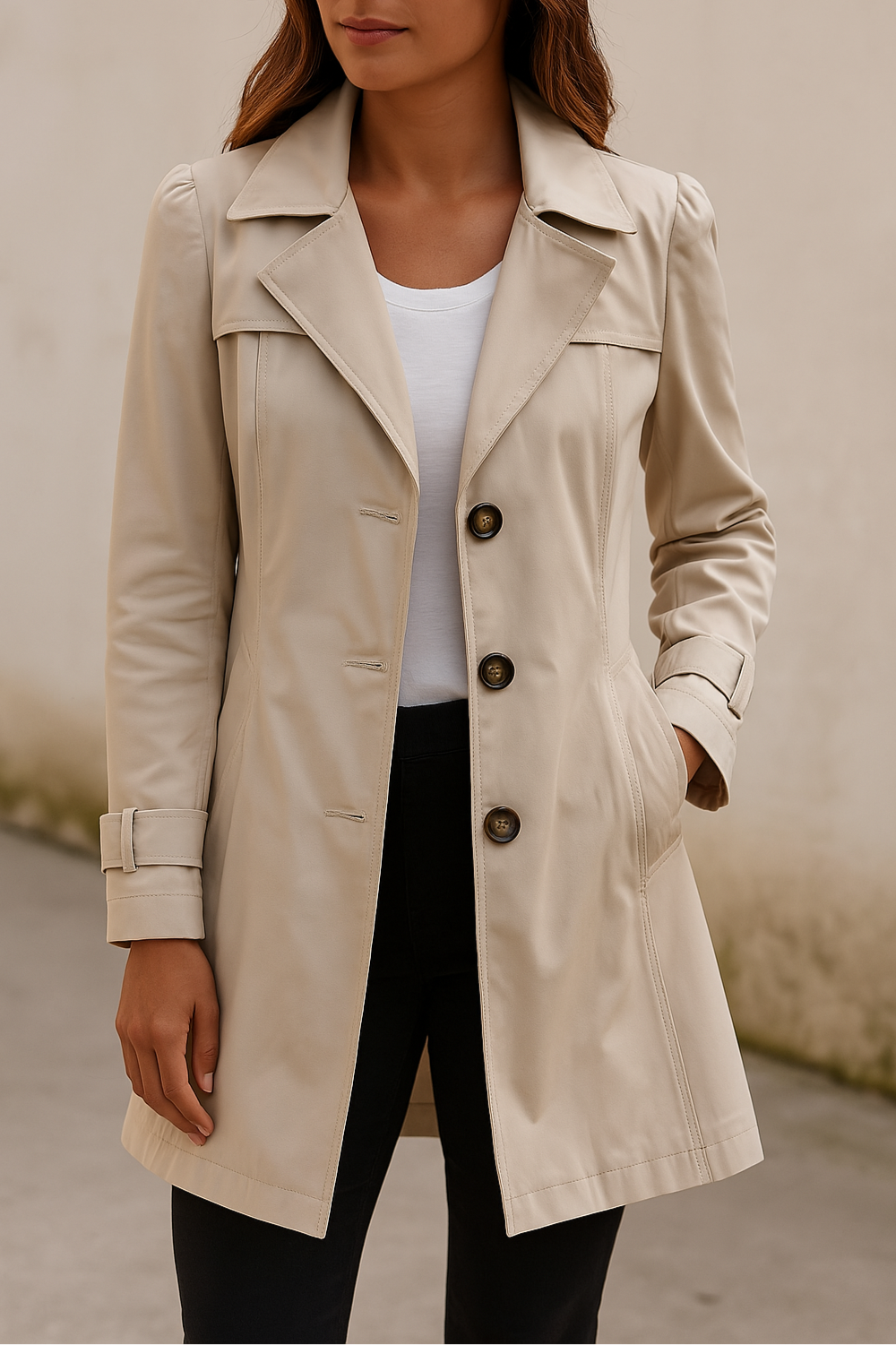 Women's tailored trench coat with long sleeves, notched lapels, button front and flap pockets