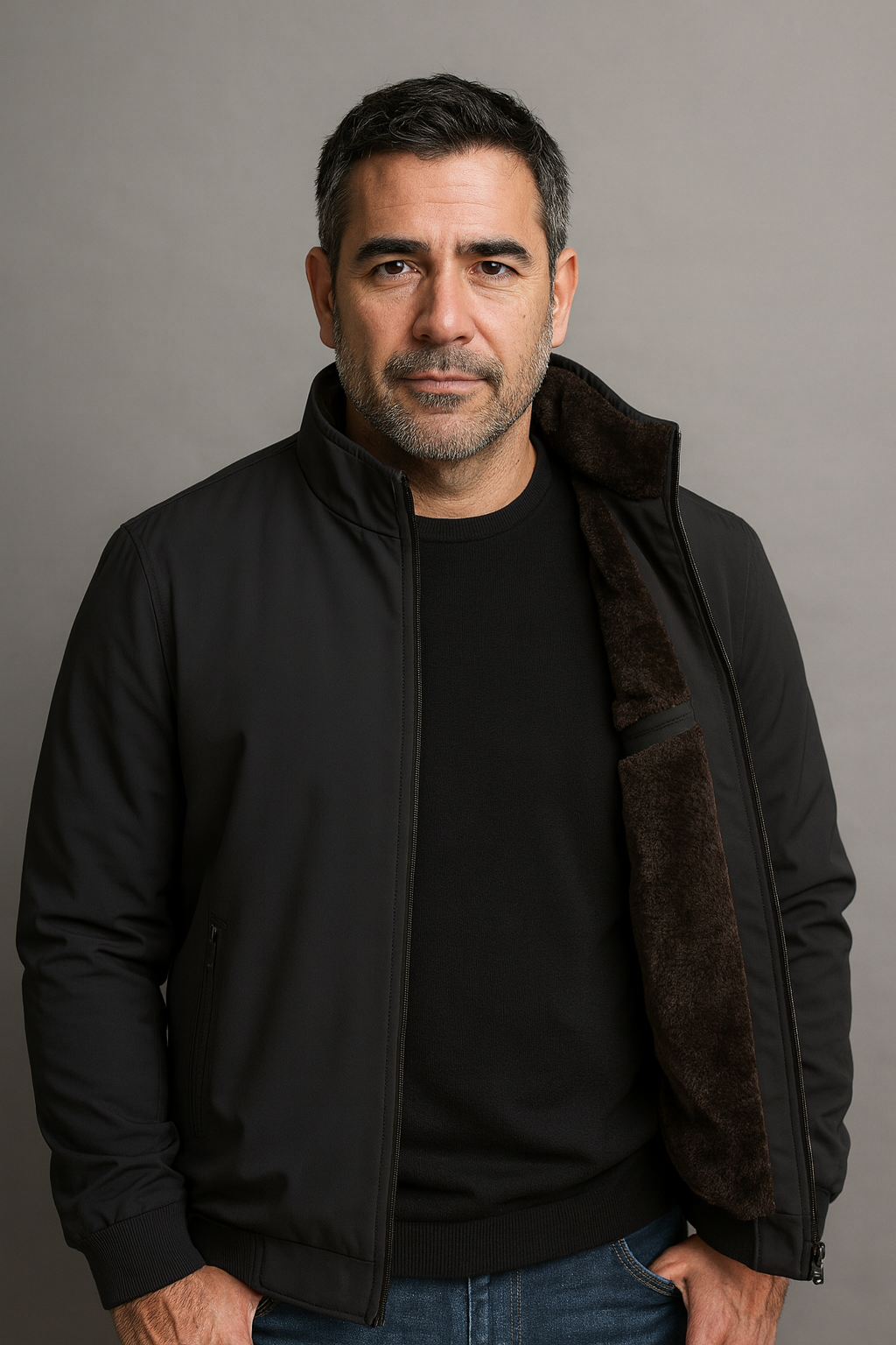Men's plain stand collar jacket with fleece-style lining and zipped pockets