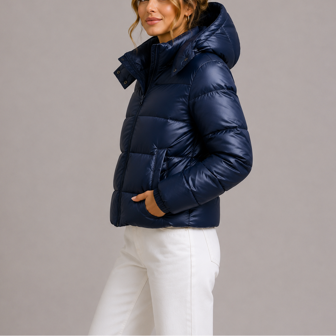 Women's Puffer Jacket Hooded Quilted Cropped - Navy