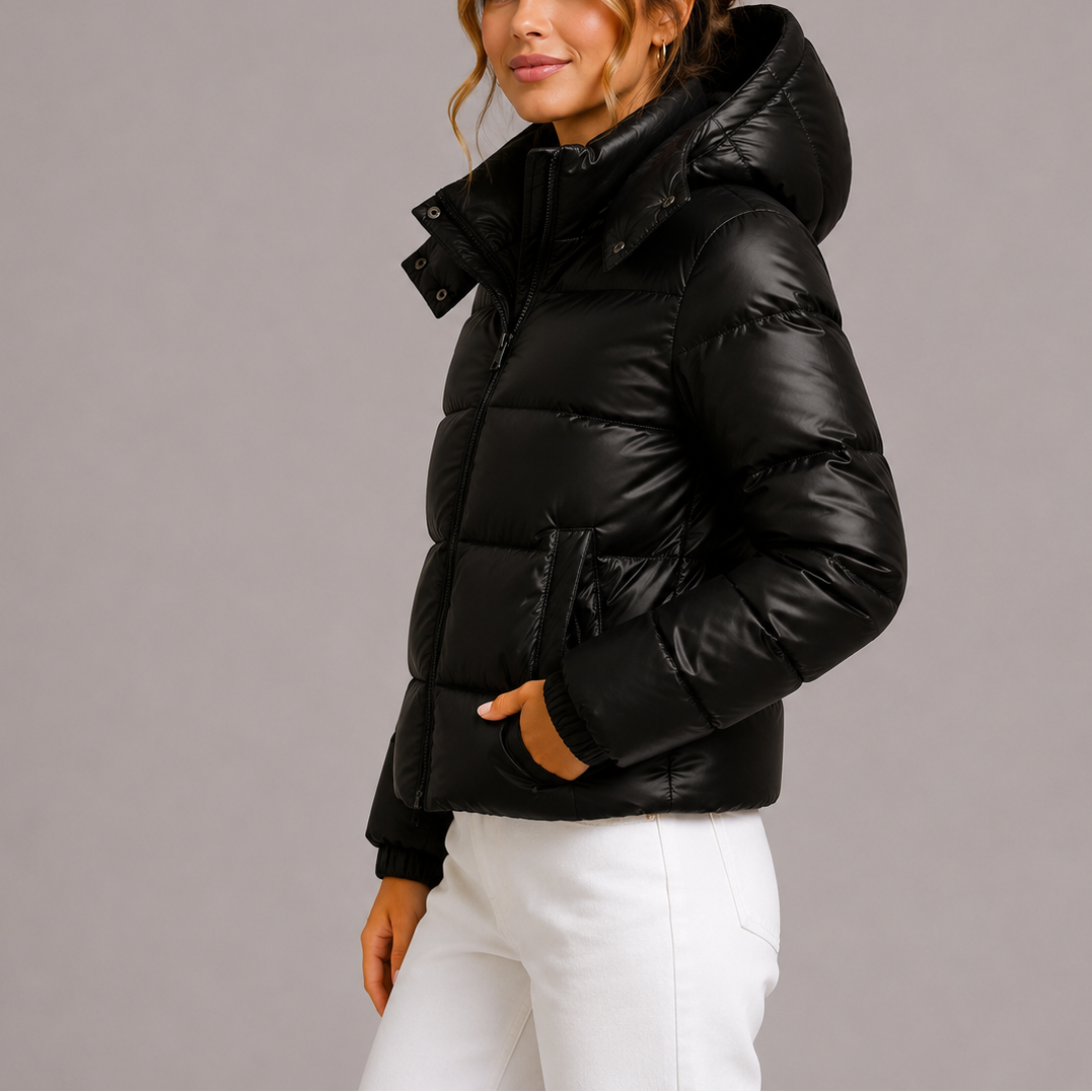 Women's Puffer Jacket Hooded Quilted Cropped - Black