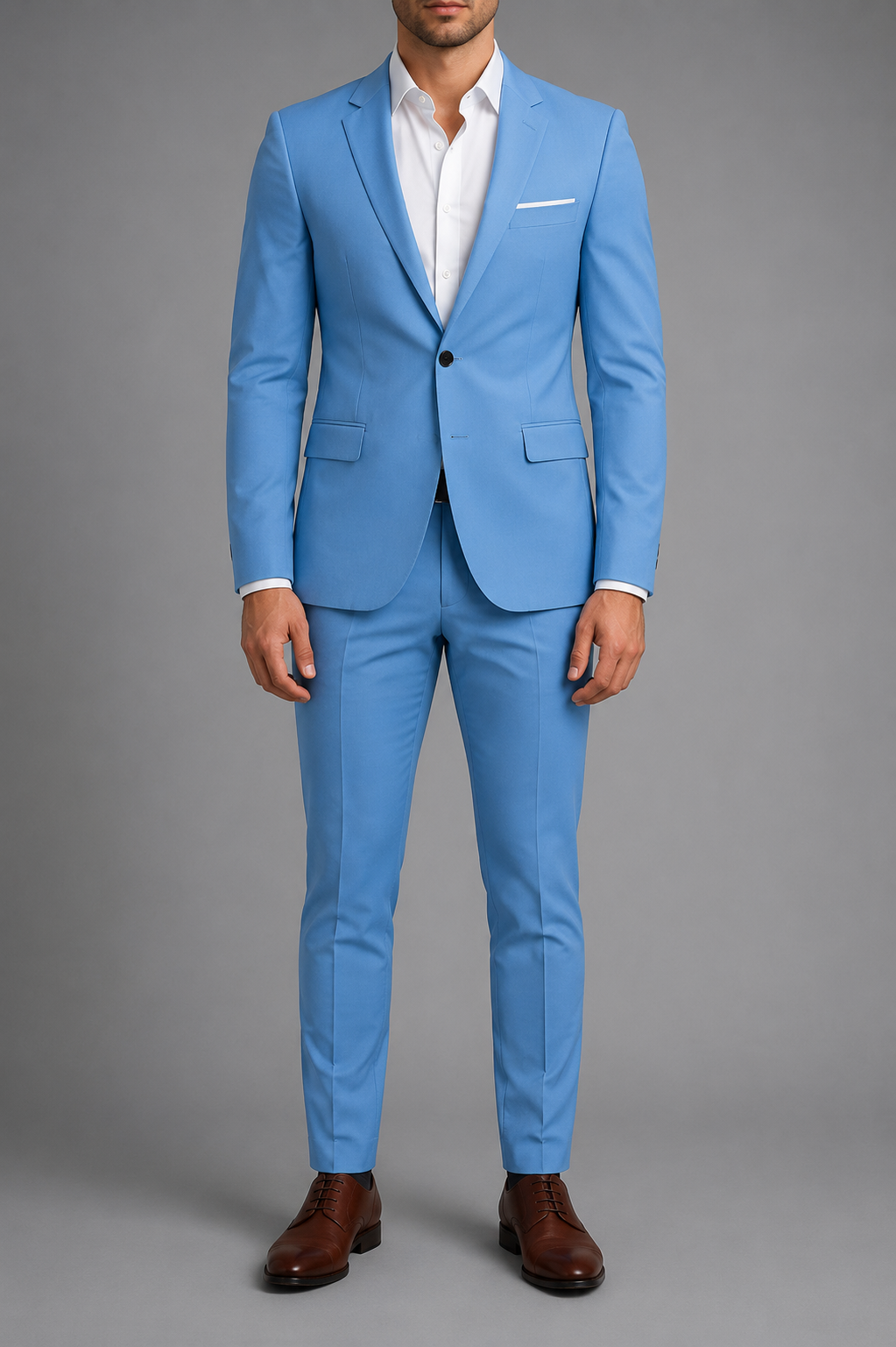 Men's two piece suit with notched lapels, matching trousers and button fastening