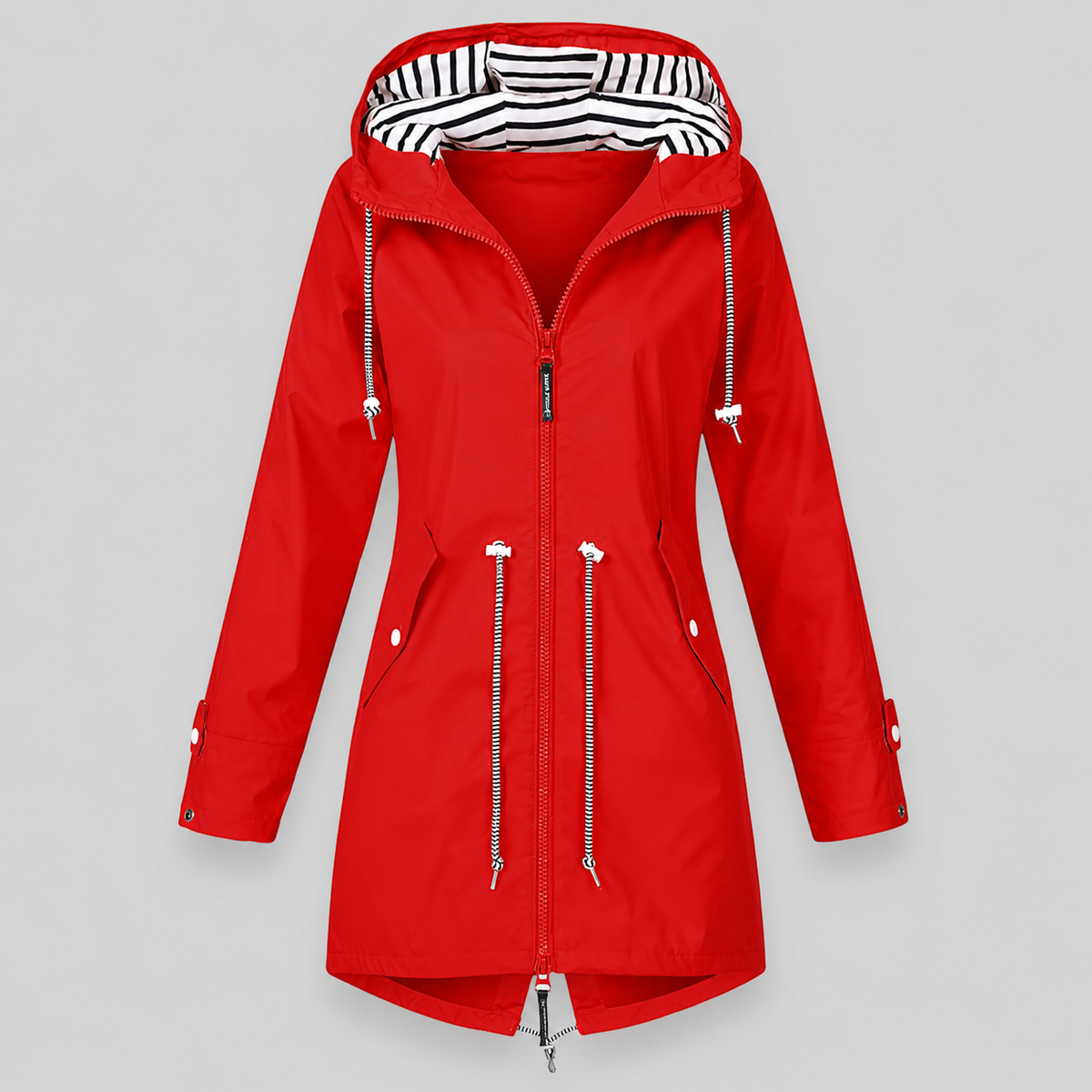 Women's hooded longline parka jacket with striped hood lining, zip front and drawstring waist