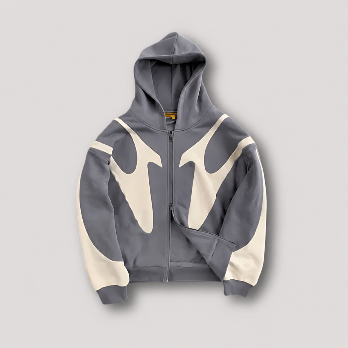 Men's hooded zip-up hoodie with abstract contrasting graphic panels and long sleeves