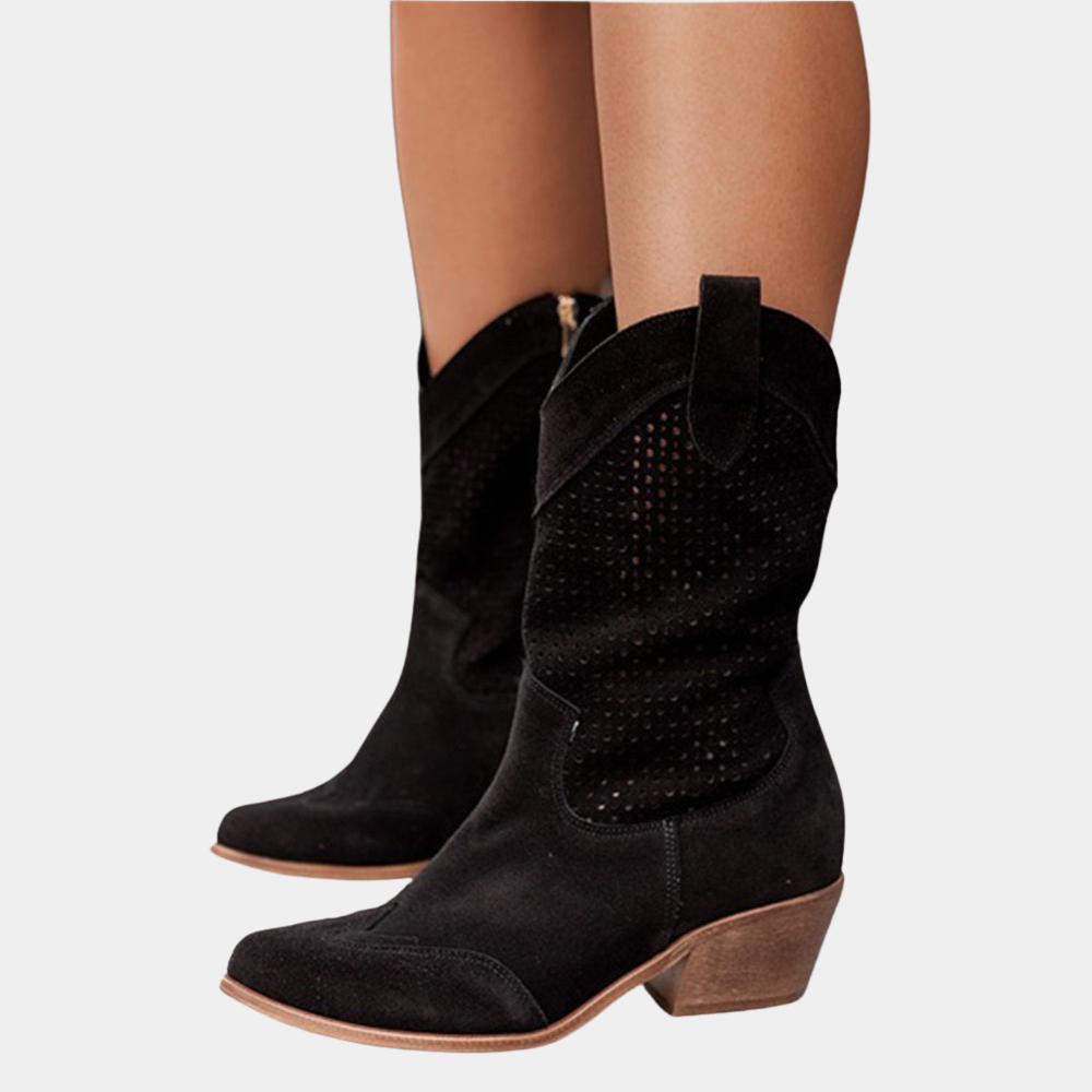 Women's perforated mid-calf cowboy boots with almond toes and block heels