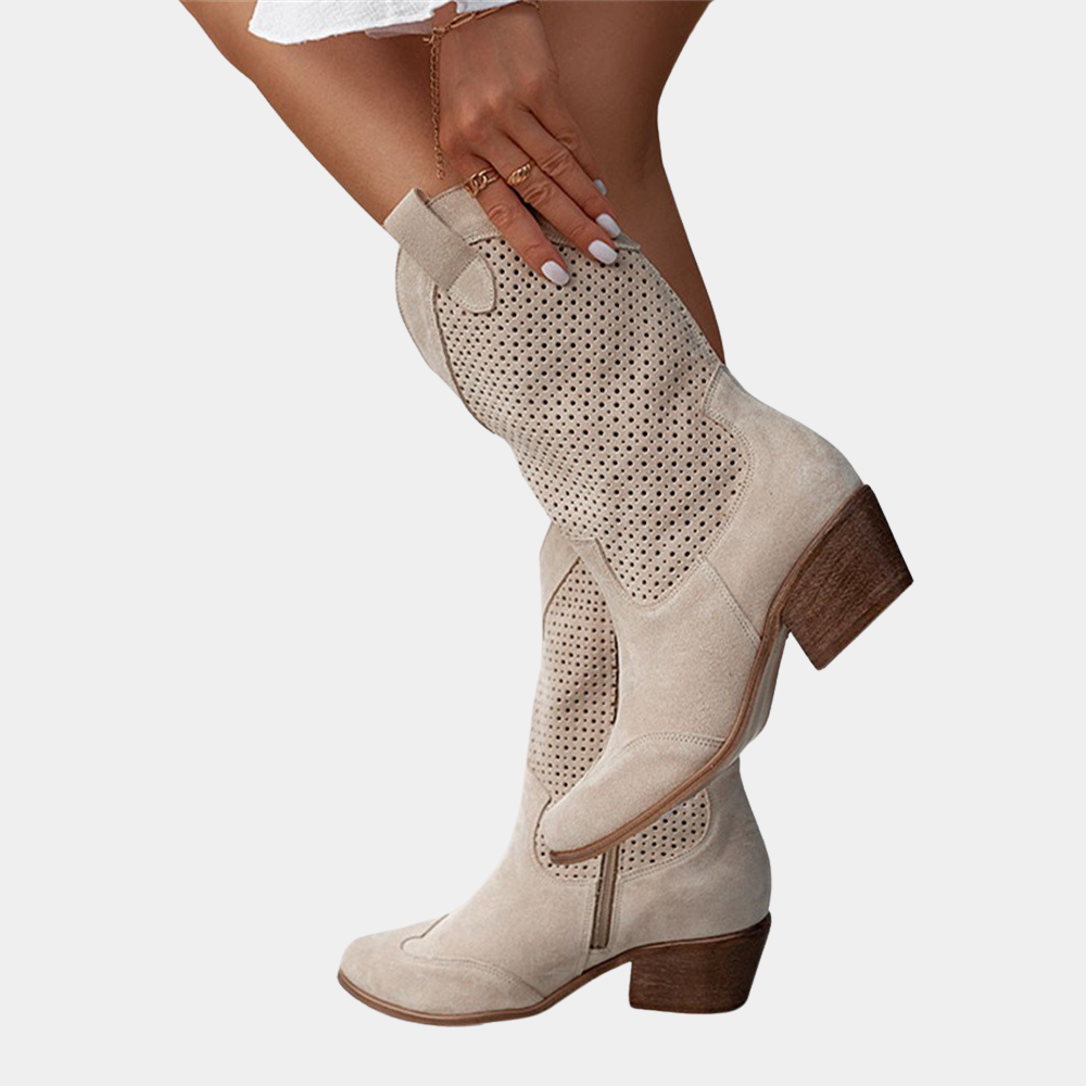 Women's perforated mid-calf cowboy boots with almond toes and block heels