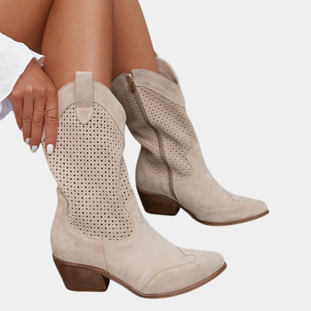 Women's perforated mid-calf cowboy boots with almond toes and block heels