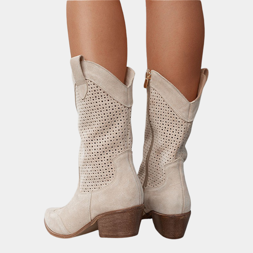 Women's perforated mid-calf cowboy boots with almond toes and block heels