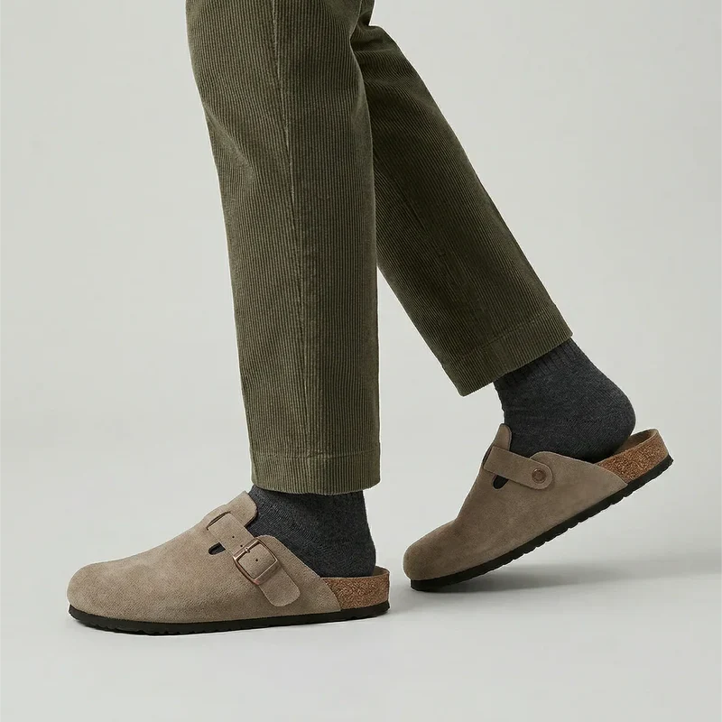 Men's Suede Clog Adjustable Buckle Slip-On - Beige