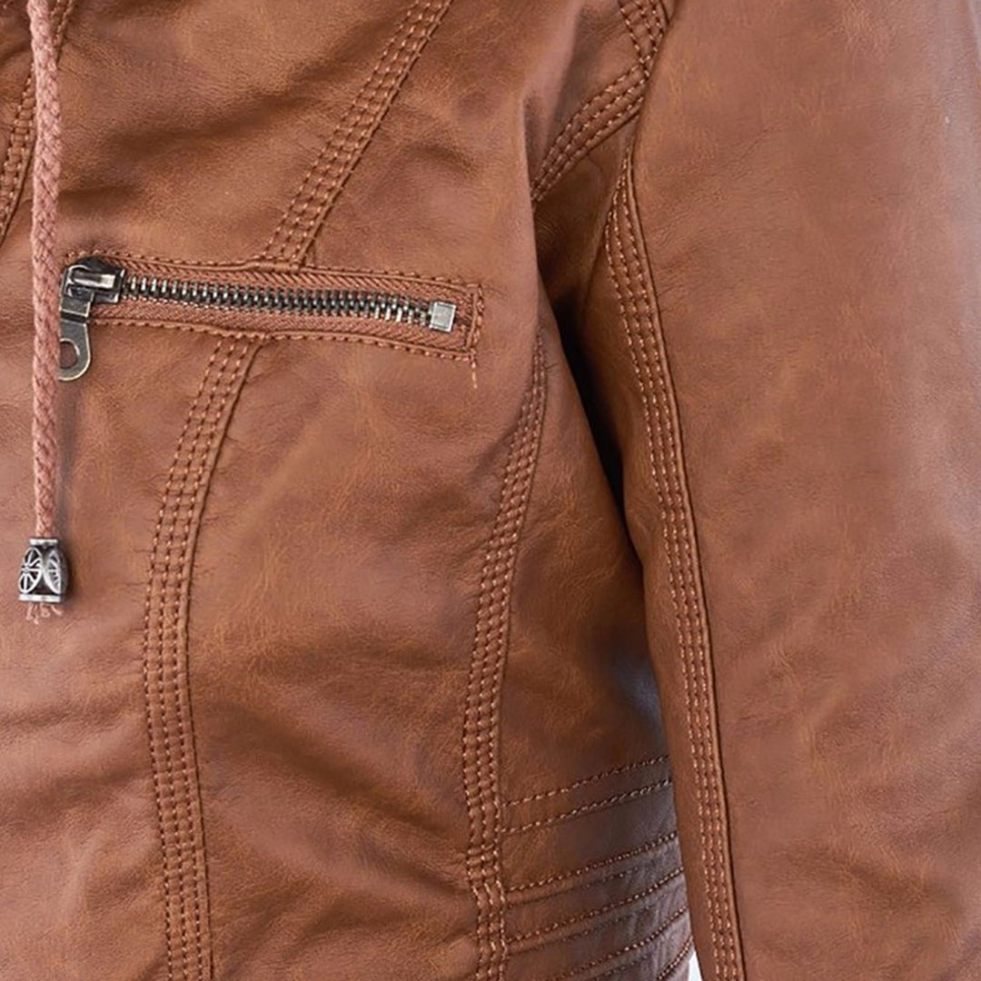 Women's hooded moto jacket with long sleeves, front zip and multiple zipped pockets