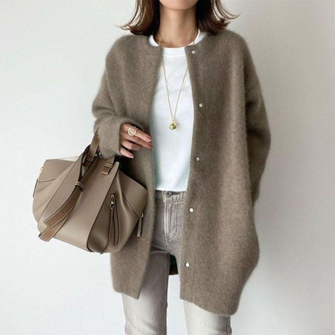 Women's longline button-front cardigan with round neckline and long sleeves