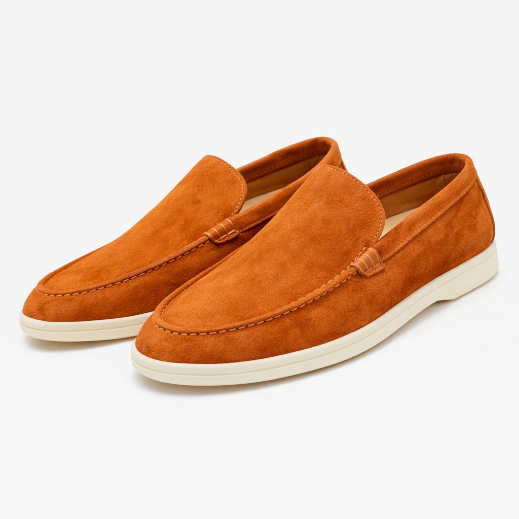 Men's moc toe slip-on loafers with stitched apron detail and low flat soles